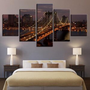 Manhattan Bridge New York City Night Cityscape - Nature 5 Panel Canvas Art Wall Decor