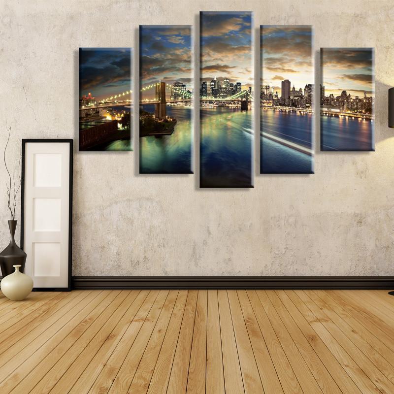 Manhattan Brooklyn Bridge Victory Day - Nature 5 Panel Canvas Art Wall Decor Manhattan Brooklyn Bridge Victory Day - Nature 5 Panel Canvas Art Wall Decor