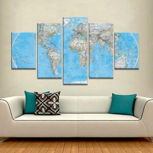Map Of The World - Absatract 5 Panel Canvas Art Wall Decor
