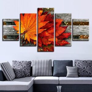 Maple Leaf In The Wooden Chair - Nature 5 Panel Canvas Art Wall Decor