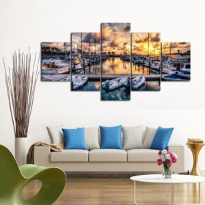 Marina Sunset - Nature 5 Panel Canvas Art Wall Decor
