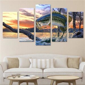 Master Angler Bass Fish - Animal 5 Panel Canvas Art Wall Decor