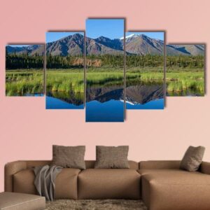 Mckinley Reflection In Lake On Alaska - Nature 5 Panel Canvas Art Wall Decor