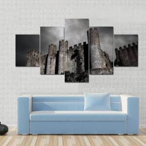 Medieval Castle At Night With Stormy Sky - Nature 5 Panel Canvas Art Wall Decor
