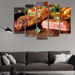 Medium-Rare Beef Steaks Freshly Grilled - Kitchen 5 Panel Canvas Art Wall Decor