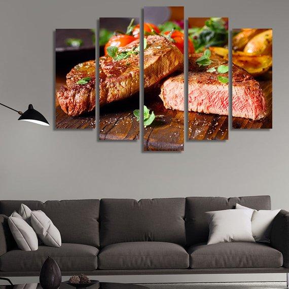 Medium-Rare Beef Steaks Freshly Grilled - Kitchen 5 Panel Canvas Art Wall Decor Medium-Rare Beef Steaks Freshly Grilled - Kitchen 5 Panel Canvas Art Wall Decor