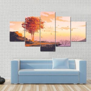 Melting Autumn Tree On Top Of The Mountain - Nature 5 Panel Canvas Art Wall Decor