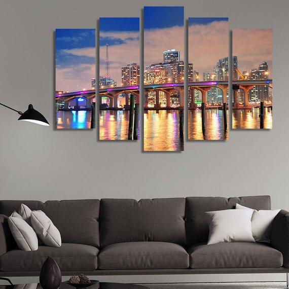 Miami City Skyline 01 - Nature 5 Panel Canvas Art Wall Decor Miami City Skyline 01 - Nature 5 Panel Canvas Art Wall Decor