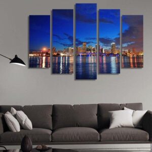 Miami City Skyline At Night - Nature 5 Panel Canvas Art Wall Decor