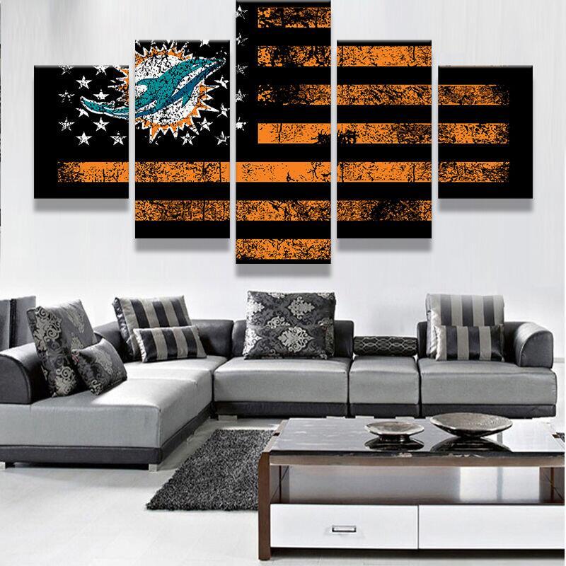 Miami Dolphins Usa Flag - Abstract 5 Panel Canvas Art Wall Decor Miami Dolphins Usa Flag - Abstract 5 Panel Canvas Art Wall Decor