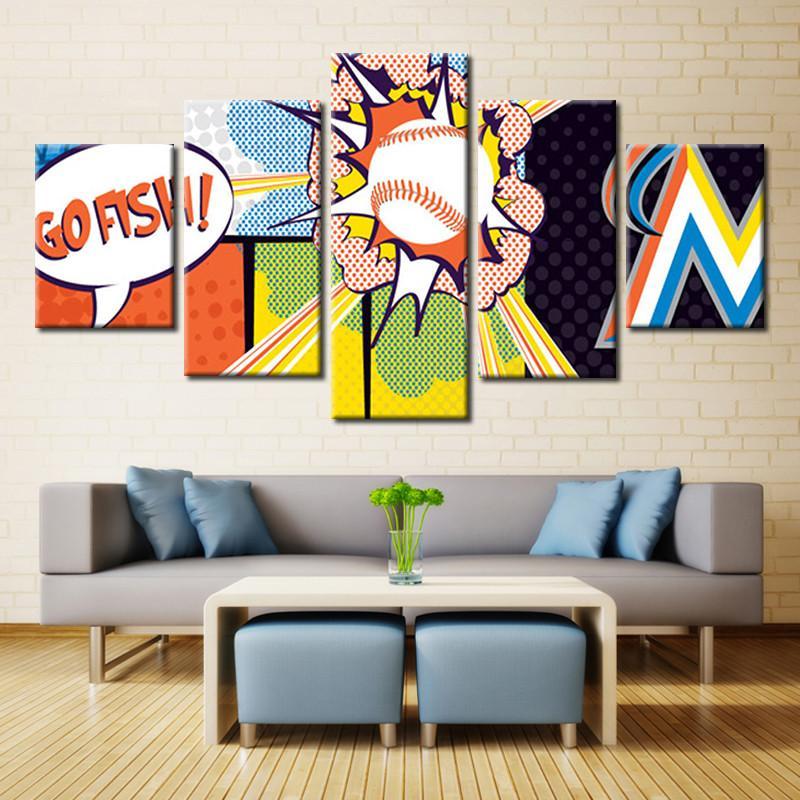 Miami Marlins Sports Team Pop Art - Sport 5 Panel Canvas Art Wall Decor Miami Marlins Sports Team Pop Art - Sport 5 Panel Canvas Art Wall Decor