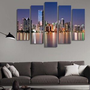 Miami Skyline At Night - Nature 5 Panel Canvas Art Wall Decor