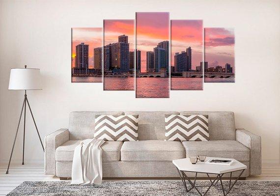 Miami Usa City Sunrises - Nature 5 Panel Canvas Art Wall Decor Miami Usa City Sunrises - Nature 5 Panel Canvas Art Wall Decor