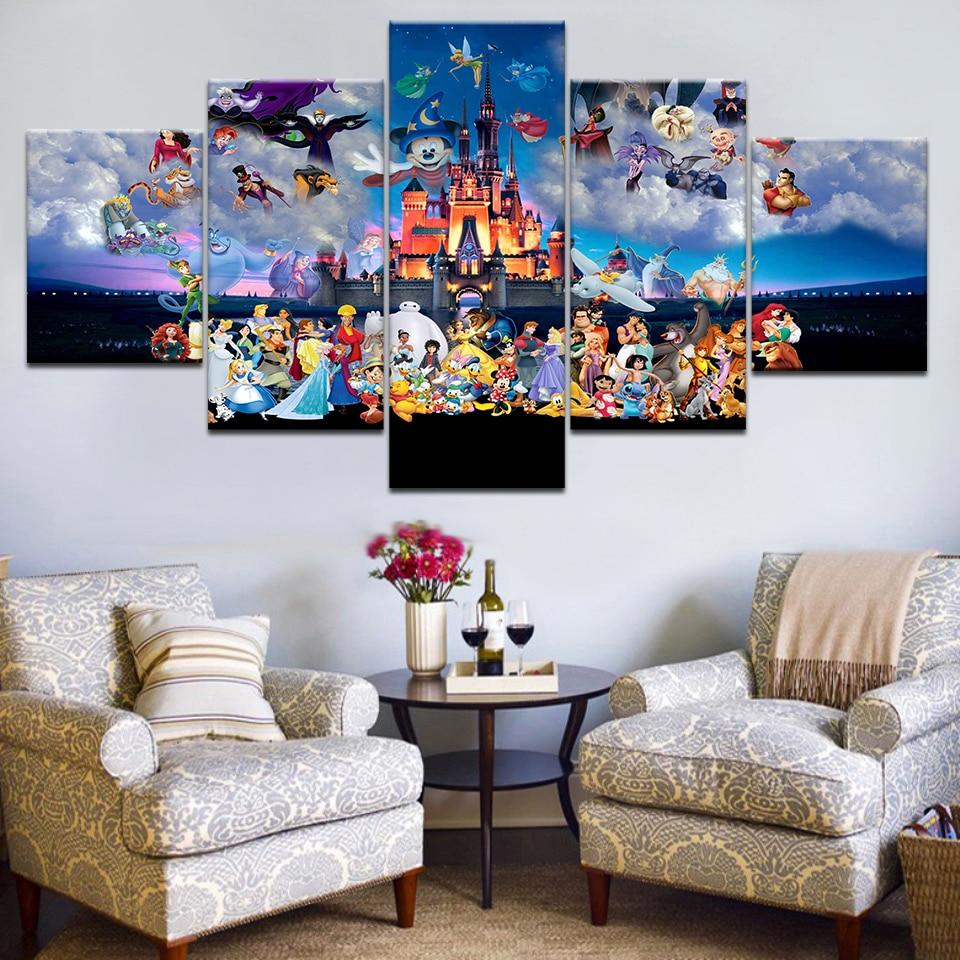 Mickey Mouse Castle Cartoon - 5 Panel Canvas Art Wall Decor Mickey Mouse Castle Cartoon - 5 Panel Canvas Art Wall Decor