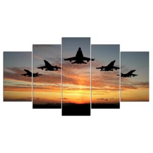 Military Jet Airplanes Fly Sunset - Airplane 5 Panel Canvas Art Wall Decor