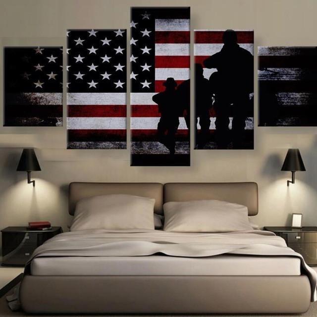 Military Silhouette With Flag At Sunset - Army 5 Panel Canvas Art Wall Decor Military Silhouette With Flag At Sunset - Army 5 Panel Canvas Art Wall Decor