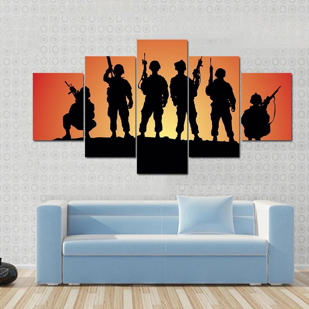 Military Soldiers Silhouettes - Army 5 Panel Canvas Art Wall Decor Military Soldiers Silhouettes - Army 5 Panel Canvas Art Wall Decor