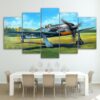 Military Vintage Airplane Plane Take-Off On Green Grass - Aircraft 5 Panel Canvas Art Wall Decor