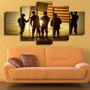 Military With Flag At Sunset - Army 5 Panel Canvas Art Wall Decor