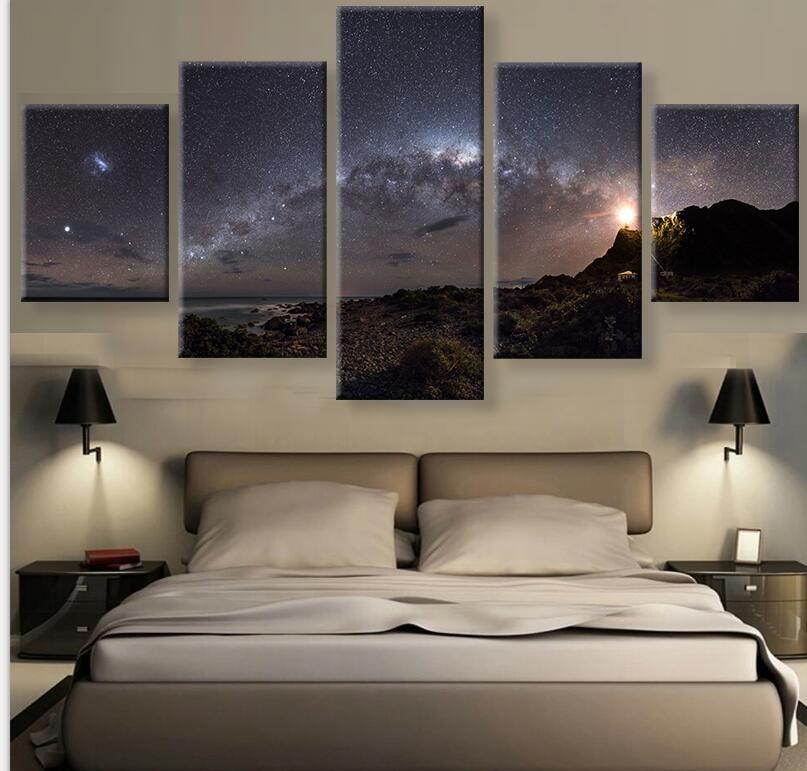 Milky Way And Aurora Lights - Nature 5 Panel Canvas Art Wall Decor Milky Way And Aurora Lights - Nature 5 Panel Canvas Art Wall Decor