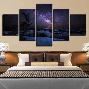 Milky Way Over Snowy Lake - Nature 5 Panel Canvas Art Wall Decor
