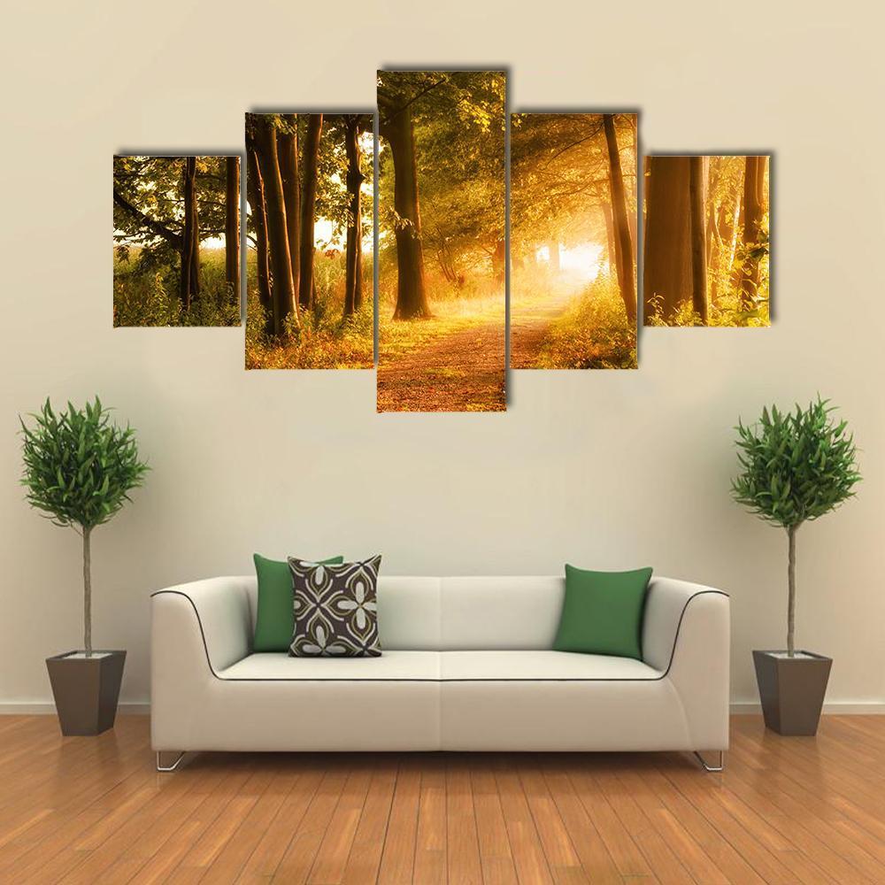 Misty Footpath In The Forest In Autumn - Nature 5 Panel Canvas Art Wall Decor Misty Footpath In The Forest In Autumn - Nature 5 Panel Canvas Art Wall Decor