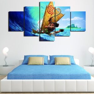 Moana And Maui Surfing - Cartoon 5 Panel Canvas Art Wall Decor