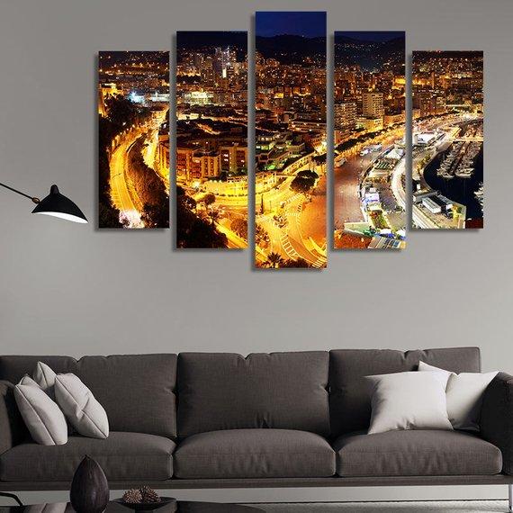 Monaco At Night View - Nature 5 Panel Canvas Art Wall Decor Monaco At Night View - Nature 5 Panel Canvas Art Wall Decor