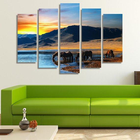 Mongolian Wilderness At Sunrise - Animal 5 Panel Canvas Art Wall Decor Mongolian Wilderness At Sunrise - Animal 5 Panel Canvas Art Wall Decor