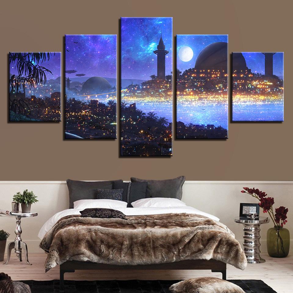 Moon And City Building - Nature 5 Panel Canvas Art Wall Decor Moon And City Building - Nature 5 Panel Canvas Art Wall Decor