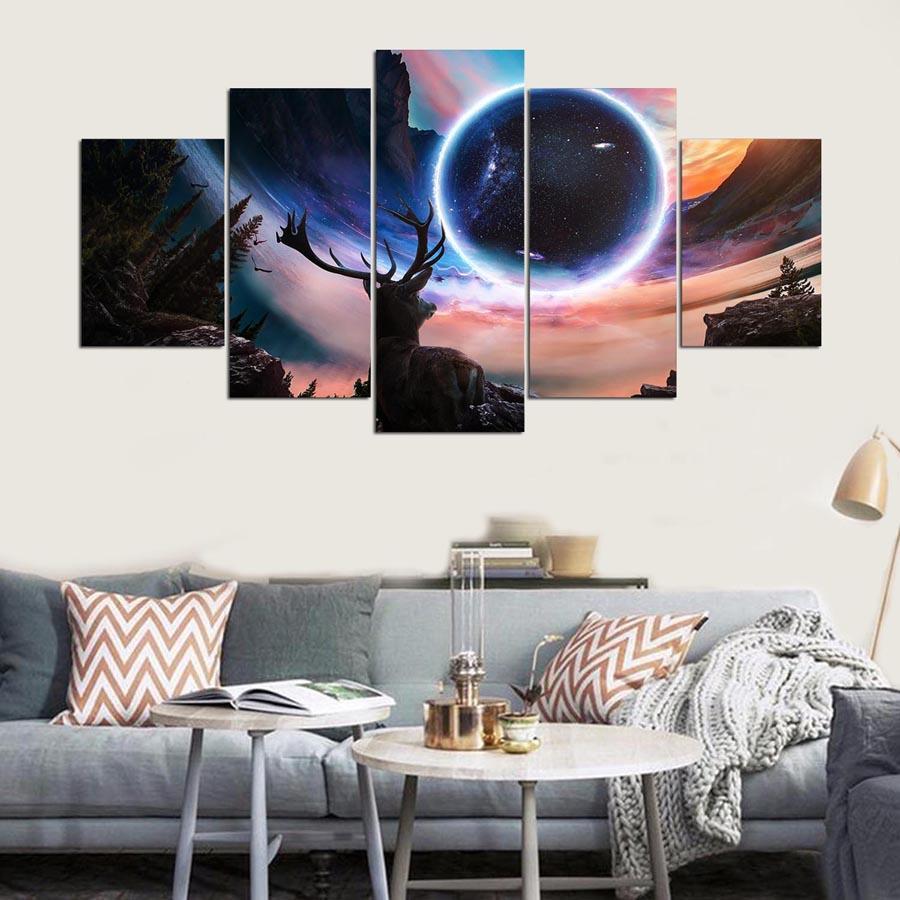 Moon And Deer Landscape - Abstract Animal 5 Panel Canvas Art Wall Decor Moon And Deer Landscape - Abstract Animal 5 Panel Canvas Art Wall Decor