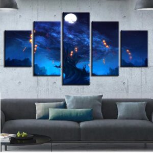 Moon And Lanterns Hang From The Tree Night - Nature 5 Panel Canvas Art Wall Decor