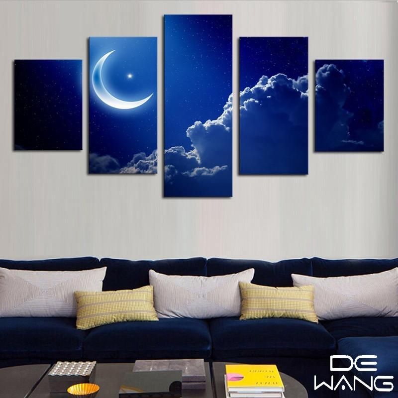 Moon At Night Sky - Space 5 Panel Canvas Art Wall Decor Moon At Night Sky - Space 5 Panel Canvas Art Wall Decor