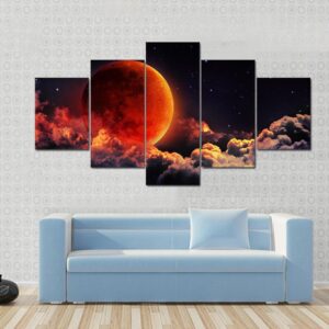 Moon Eclipse Planet Red Blood With Clouds - Nature 5 Panel Canvas Art Wall Decor