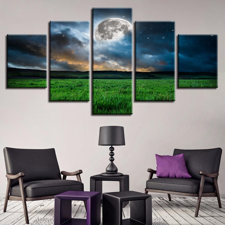 Moon Grassland Night View - Nature 5 Panel Canvas Art Wall Decor Moon Grassland Night View - Nature 5 Panel Canvas Art Wall Decor
