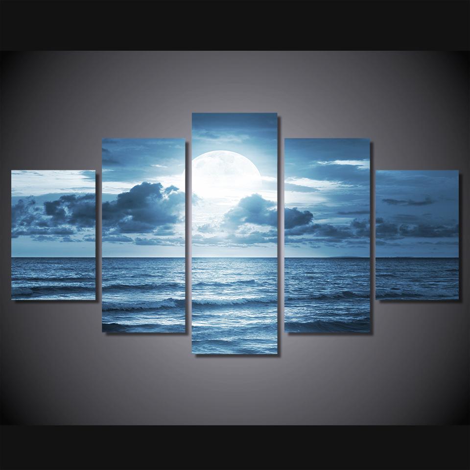 Moon Moonlight Sea Ocean - Nature 5 Panel Canvas Art Wall Decor Moon Moonlight Sea Ocean - Nature 5 Panel Canvas Art Wall Decor