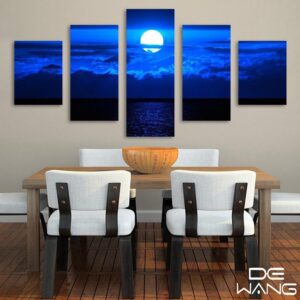 Moon Over Blue Sky And Lake - Nature 5 Panel Canvas Art Wall Decor