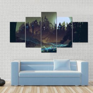 Moon Over Castle Illustration - Nature 5 Panel Canvas Art Wall Decor