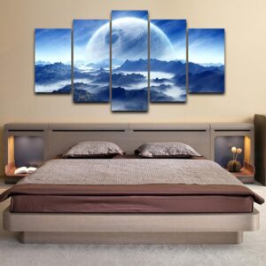 Moon Planet Space Mountains Clouds Dream Landscape - Nature 5 Panel Canvas Art Wall Decor