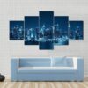 Moon Rise Over Manhattan With City Skyline - Nature 5 Panel Canvas Art Wall Decor