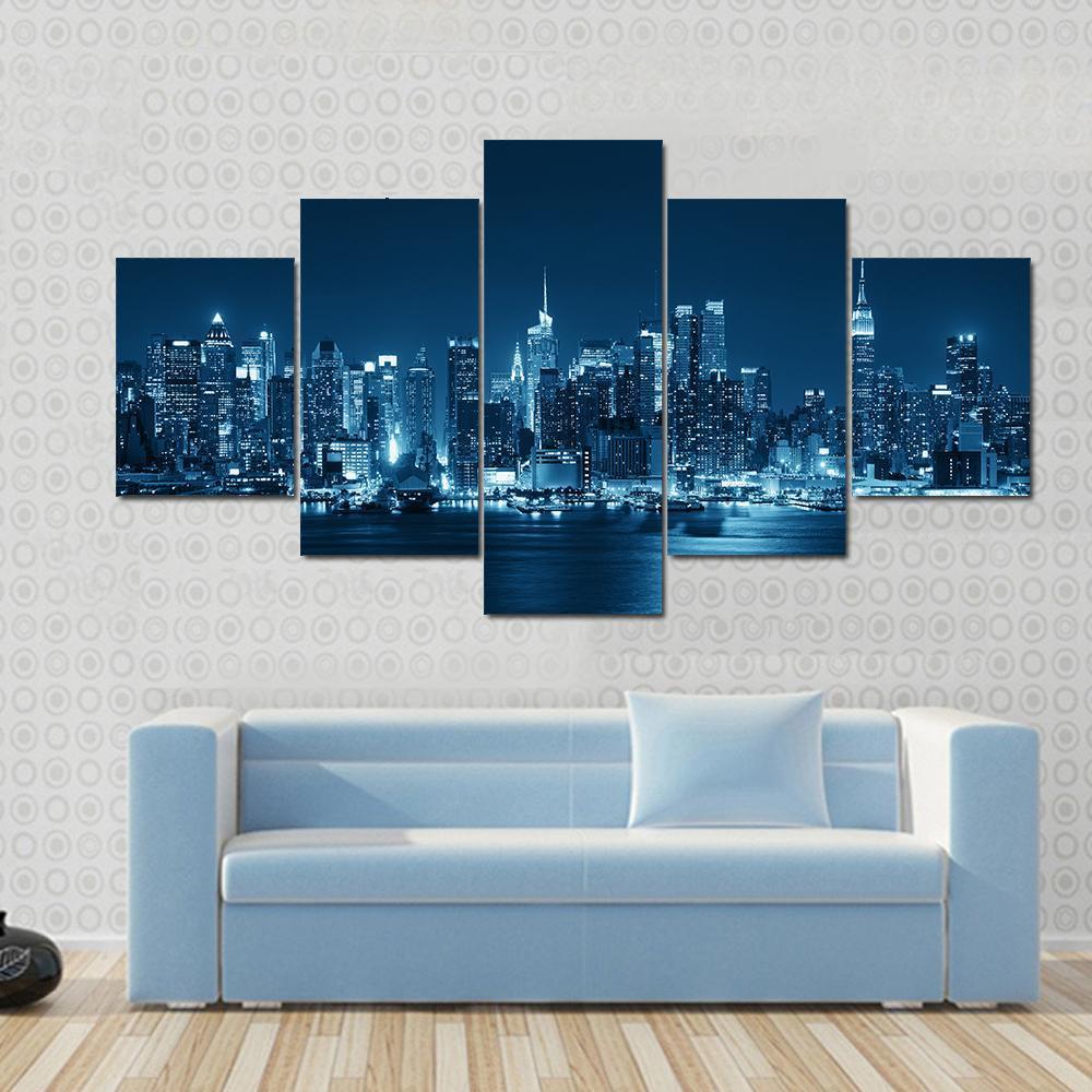 Moon Rise Over Manhattan With City Skyline - Nature 5 Panel Canvas Art Wall Decor Moon Rise Over Manhattan With City Skyline - Nature 5 Panel Canvas Art Wall Decor