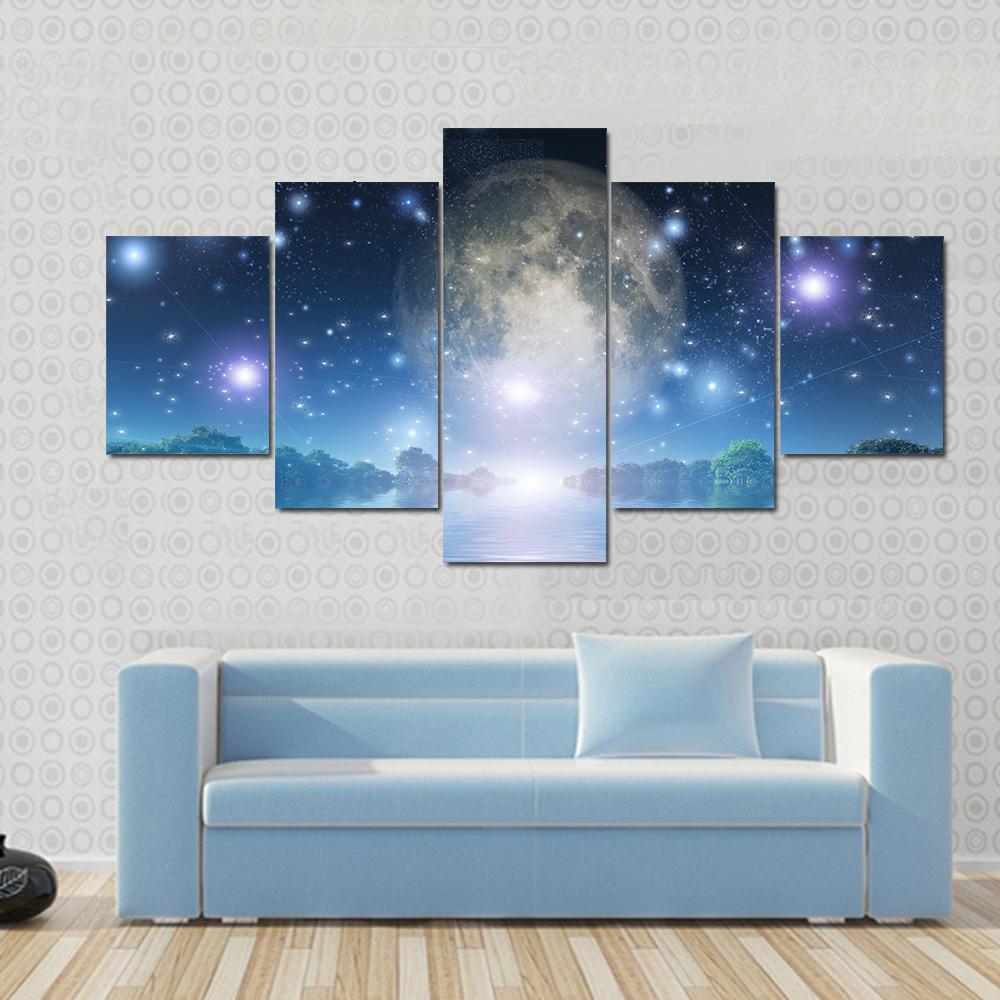 Moon Rise Over Water - Nature 5 Panel Canvas Art Wall Decor Moon Rise Over Water - Nature 5 Panel Canvas Art Wall Decor