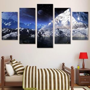 Moon Scenery Snow Mountain Lake - Space Universe 5 Panel Canvas Art Wall Decor