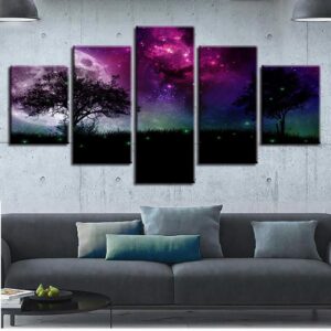Moon Tree Night View 1 - Nature 5 Panel Canvas Art Wall Decor