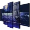 Moonlight Sail Landscape - Ocean 5 Panel Canvas Art Wall Decor