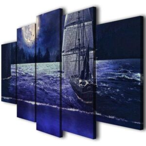 Moonlight Sail Landscape - Ocean 5 Panel Canvas Art Wall Decor
