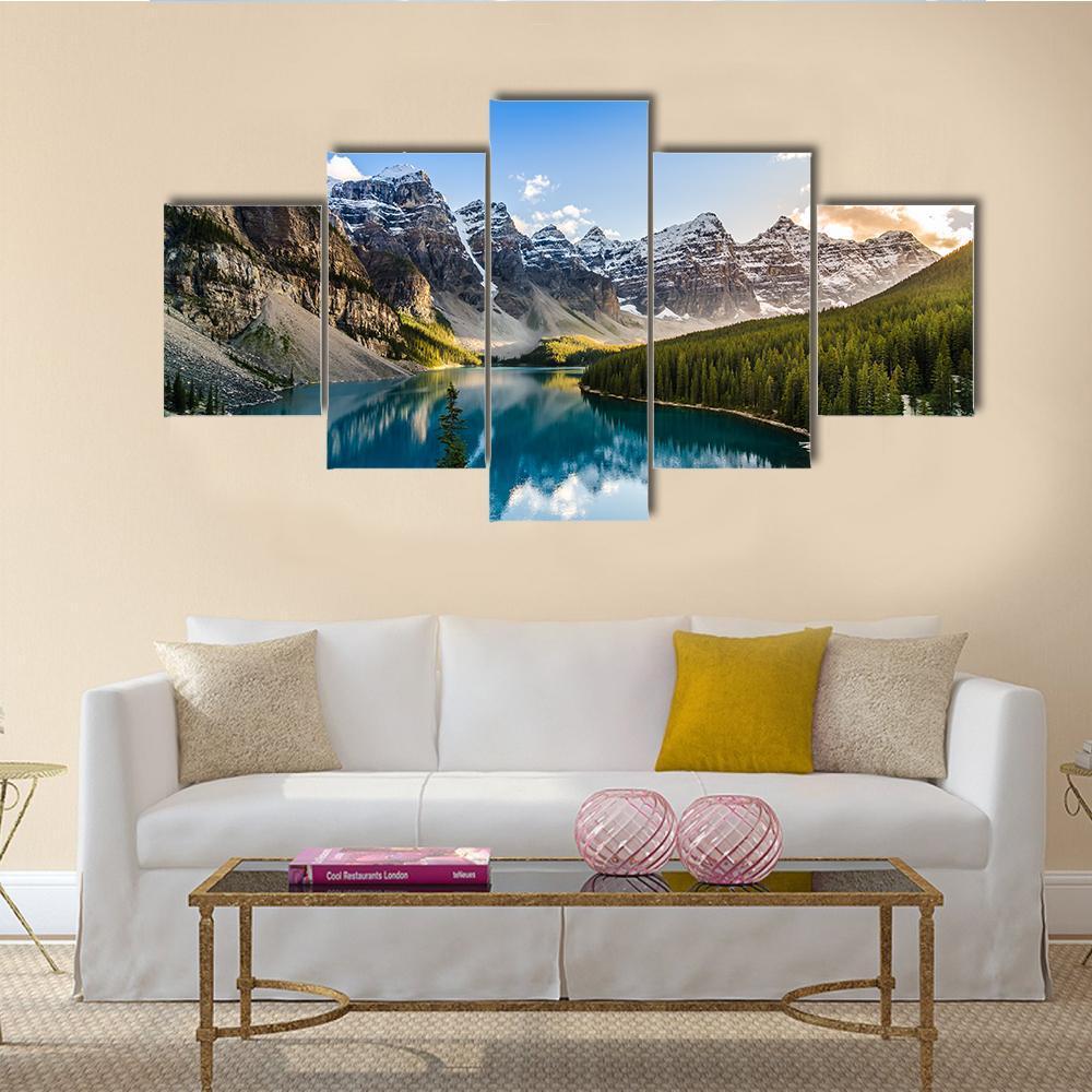 Moraine Lake And Mountain Range At Sunset - Nature 5 Panel Canvas Art Wall Decor Moraine Lake And Mountain Range At Sunset - Nature 5 Panel Canvas Art Wall Decor