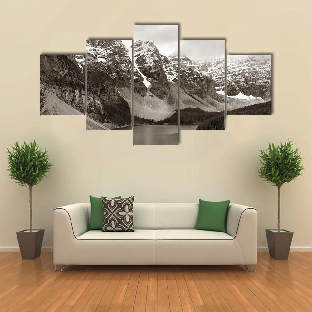 Moraine Lake With Snow Capped Mountain - Nature 5 Panel Canvas Art Wall Decor Moraine Lake With Snow Capped Mountain - Nature 5 Panel Canvas Art Wall Decor