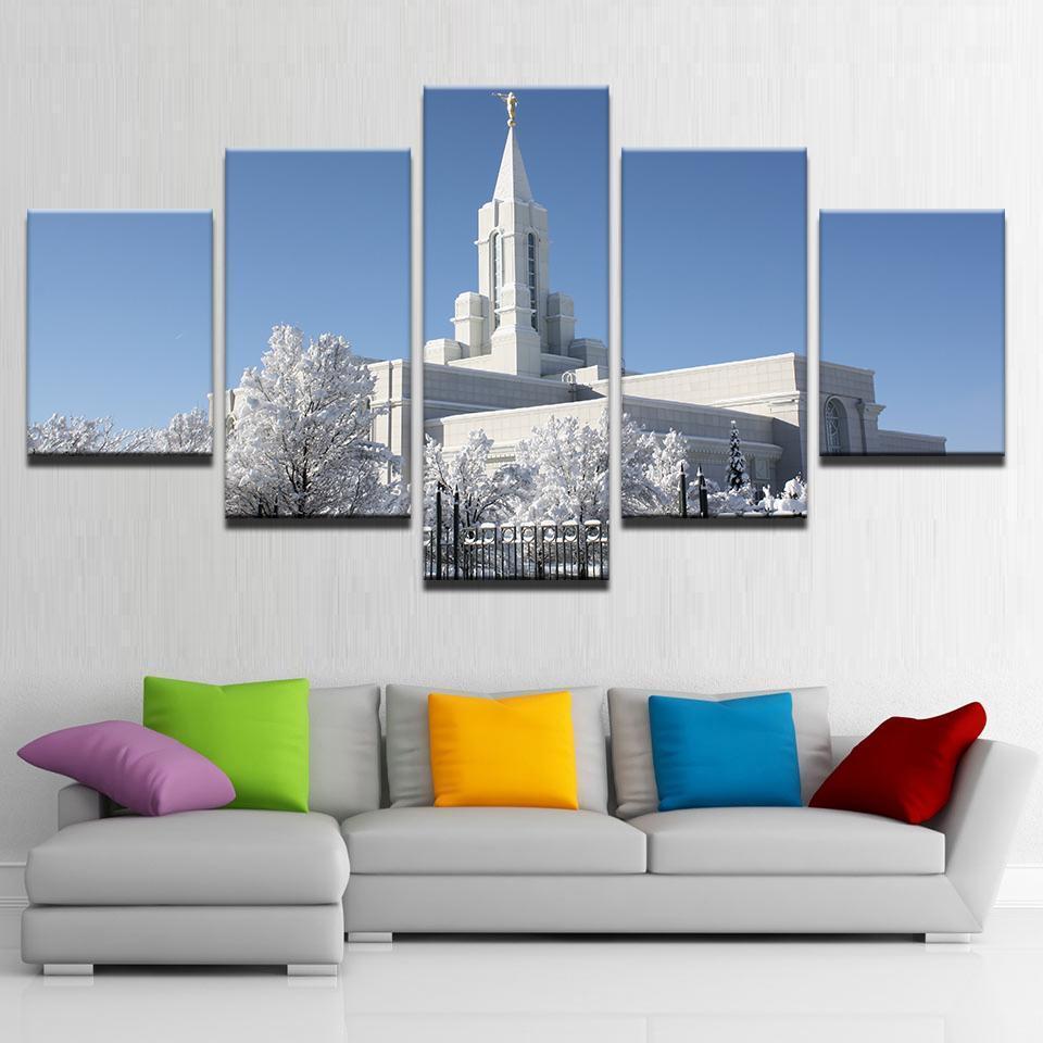 Mormon Temple During Winter - Nature 5 Panel Canvas Art Wall Decor Mormon Temple During Winter - Nature 5 Panel Canvas Art Wall Decor