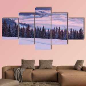 Morning Fog In The Winter Mountains - Nature 5 Panel Canvas Art Wall Decor